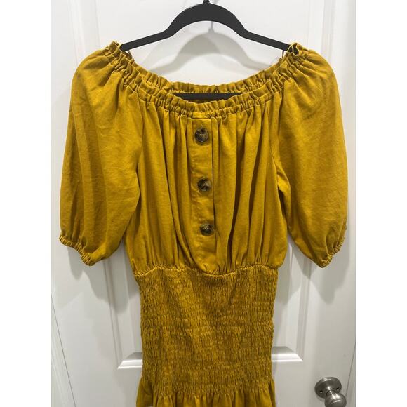 ZARA Rustic Mustard Yellow Smocked Linen Blend Off The Shoulder Mini Dress Sz M - Picture 2 of 5